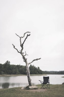 Rahatlama gölünde siyah kamp sandalyeleri. Karanlık bir ses tonuyla. Yalnız ve üzgün hissediyorum..