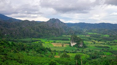 Güzel dağların manzarası. Güneşli bir öğleden sonra. Dağlardaki harika bahar manzarası.