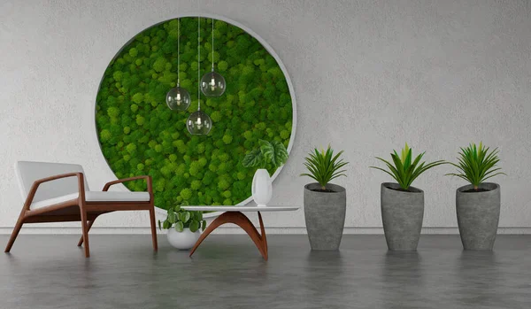 Minimalista Interior Sala Estar Con Panel Musgo Escandinavo Plantas Renderizado —  Fotos de Stock