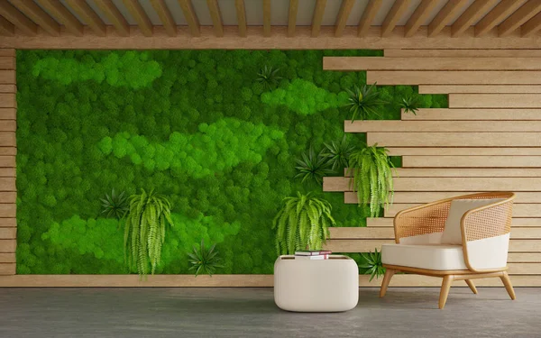 有藤椅和丑闻般的苔藓墙的客厅内部 3D渲染 — 图库照片