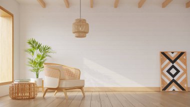 Minimalist oturma odası rattan mobilyalarla dekore ediliyor. 