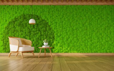 Yeşil yosun duvarlı arka planda bitkisi olan şık bir koltuk ve masa, 3D renderin