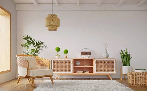 明るいリビングルームの装飾籐製の家具 3Dレンダリング — ストック写真