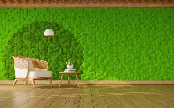 Elegante Sillón Mesa Con Planta Sobre Fondo Pared Musgo Verde —  Fotos de Stock