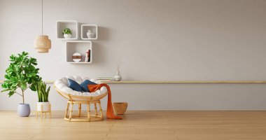 Oturma odasının minimalist tasarımı yuvarlak sandalyeli ve şık dekorasyonlu, 3 boyutlu. 