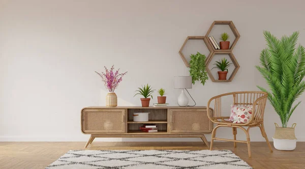 Wood  sideboard and rattan armchair on gray wall background with hexagon shelves on it, 3d rendering