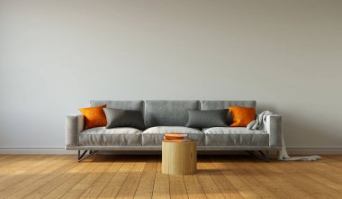 Gri kanepesi ve gri duvarda turuncu yastıkları olan minimalist oturma odası. 