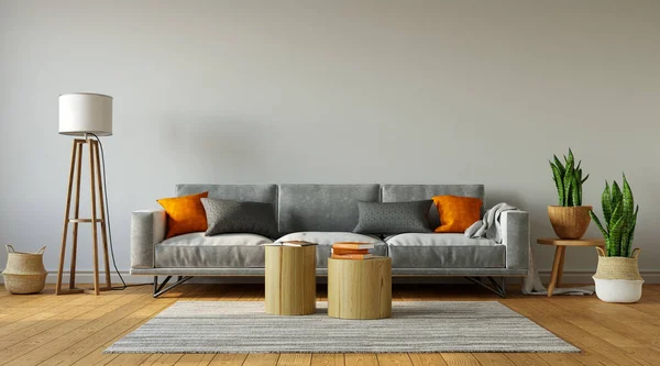 シンプルなリビングルームのインテリアでオレンジ枕とグレーのソファ 3Dレンダリング — ストック写真