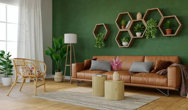 Beautiful living room with green walls and wooden hexagon shelves, 3d rendering