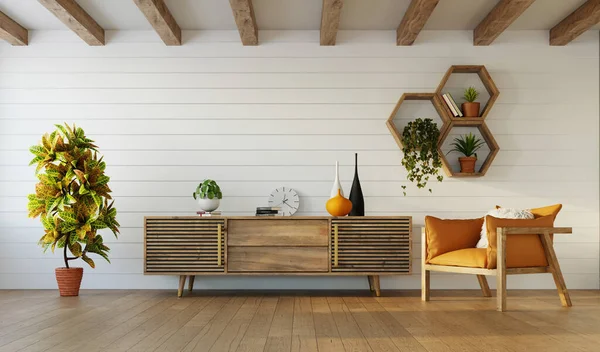 木造家具や垂木天井 3Dレンダリング付きのリビングルームのモダンなインテリアデザイン — ストック写真