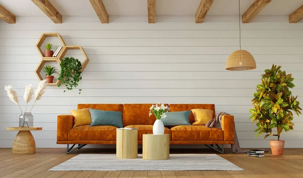 Beautiful interior of living room with orange sofa on white wall background and rafter ceiling, 3d rendering