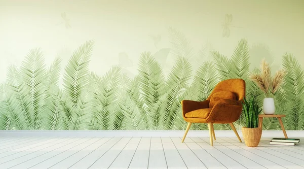 Oturma Odasının Tasarımı Tropikal Duvar Arka Planında Bir Koltuk Görüntüleme — Stok fotoğraf