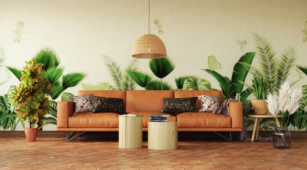 Design Intérieur Tropical Salon Avec Canapé Cuir Centre Plantes Côté — Photo
