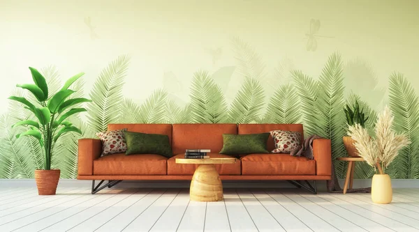 Design Intérieur Salon Avec Canapé Cuir Sur Fond Mur Tropical — Photo