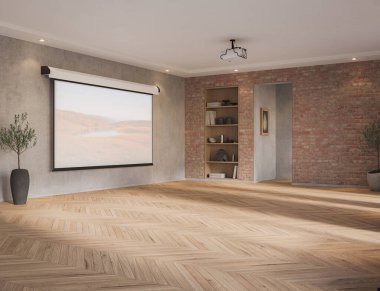 Açık tuğla duvarlı, gri koltuklu, ahşap mobilyalı ve sıcak minimalist dekorlu modern yemek odası.