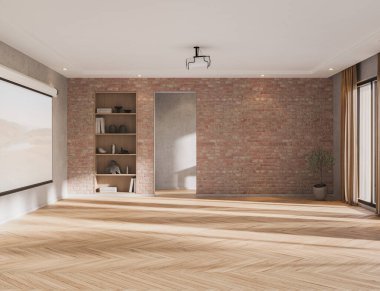 Açık tuğla duvarlı, gri koltuklu, ahşap mobilyalı ve sıcak minimalist dekorlu modern yemek odası.