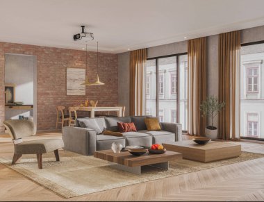 Açık tuğla duvarlı, gri koltuklu, ahşap mobilyalı ve sıcak minimalist dekorlu modern yemek odası.