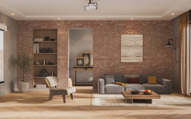 Açık tuğla duvarlı, gri koltuklu, ahşap mobilyalı ve sıcak minimalist dekorlu modern yemek odası.