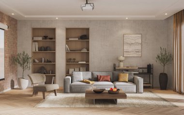 Beton bir duvar, gri bir kanepe, ahşap mobilyalar ve sıcak minimalist dekorun yer aldığı modern bir oturma odası. 