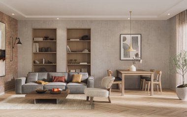 Beton bir duvar, gri bir kanepe, ahşap mobilyalar ve sıcak minimalist dekorun yer aldığı modern bir oturma odası. 