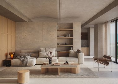 Modern oturma odası, taş duvar panelleri, rahat kanepe, ahşap mobilya, açık raf, ve minimalist tarafsız dekor, 3D