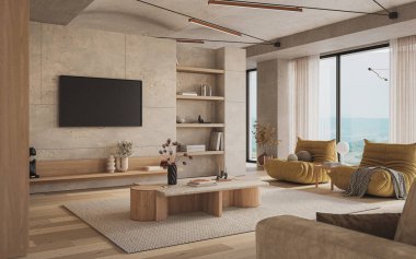 Modern oturma odası, taş duvar panelleri, rahat kanepe, ahşap mobilya, açık raf, ve minimalist tarafsız dekor, 3D