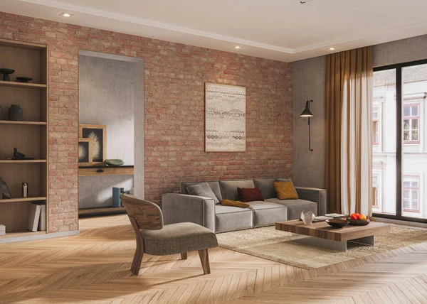 Açık tuğla duvarlı, gri koltuklu, ahşap mobilyalı ve sıcak minimalist dekorlu modern yemek odası.