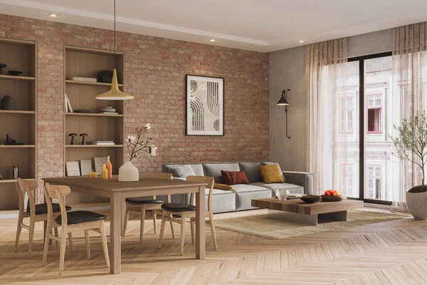 Açık tuğla duvarlı, gri koltuklu, ahşap mobilyalı ve sıcak minimalist dekorlu modern yemek odası.