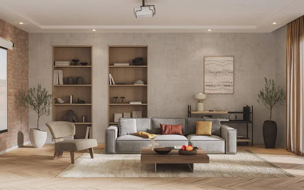 Beton bir duvar, gri bir kanepe, ahşap mobilyalar ve sıcak minimalist dekorun yer aldığı modern bir oturma odası. 