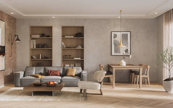 Beton bir duvar, gri bir kanepe, ahşap mobilyalar ve sıcak minimalist dekorun yer aldığı modern bir oturma odası. 