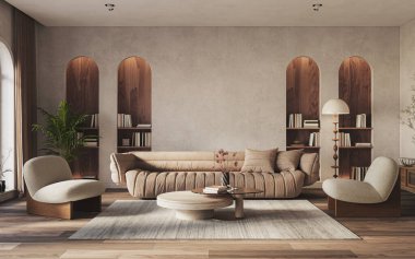 Nötr bej palet, kemerli raflar ve minimalist mobilya tasarımı içeren çağdaş oturma odası.