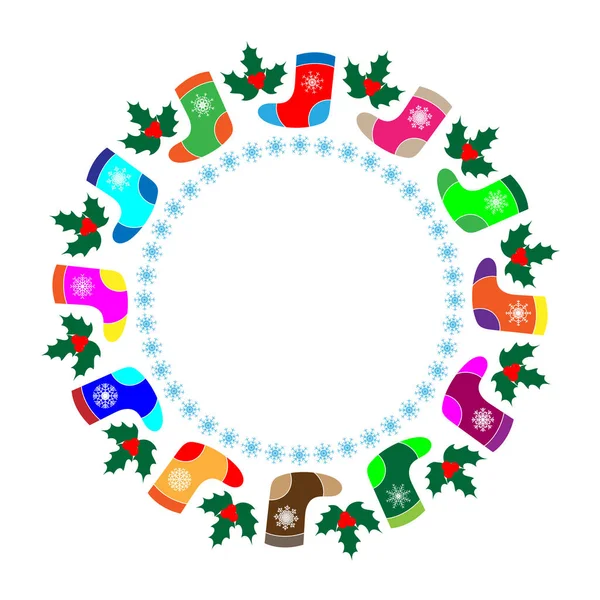 Χριστουγεννιάτικο στρογγυλό πλαίσιο με πολύχρωμες κάλτσες και Holly αφήνει. — Διανυσματικό Αρχείο
