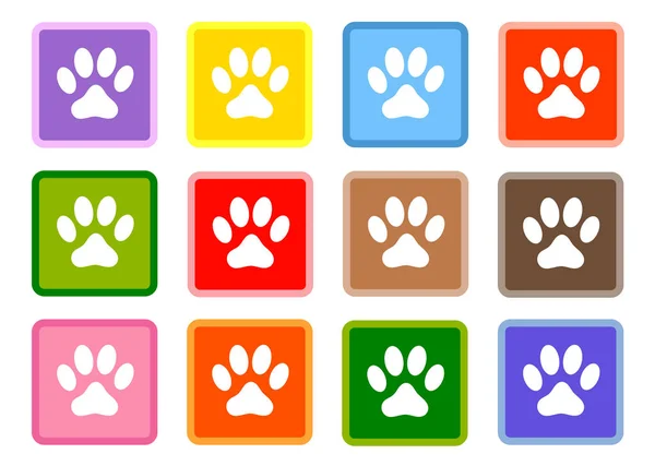 在图标集的多色方块上的动物爪印 — 图库矢量图片