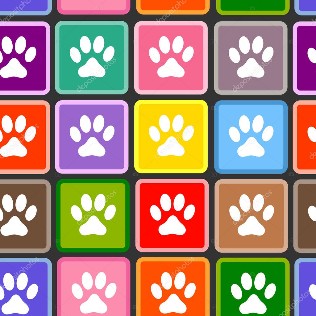 Animal paw prints on colored squares seamless pattern.