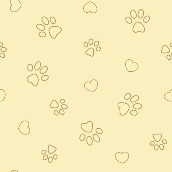 Contoured Paws Hearts Beige Background Seamless Pattern — Stock Vector