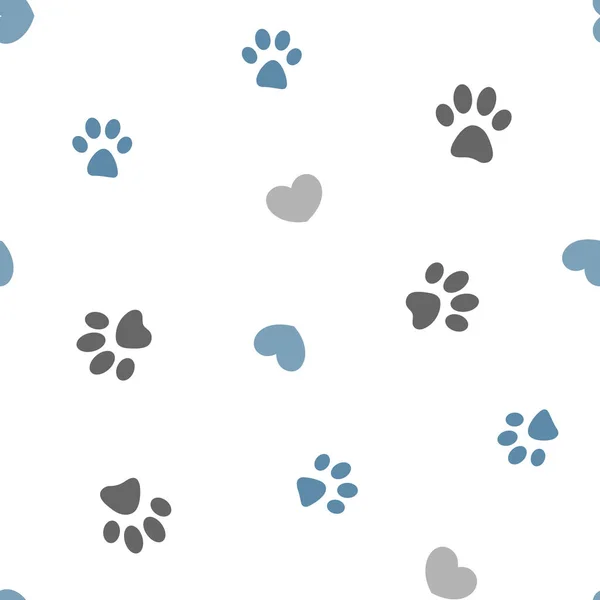 Gray Blue Paws Hearts White Background Seamless Pattern — Stock Vector
