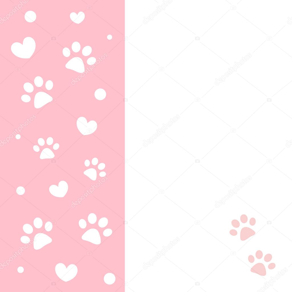 Animal paw prints and hearts on a pastel pink background with an empty space for your text for cards and covers.