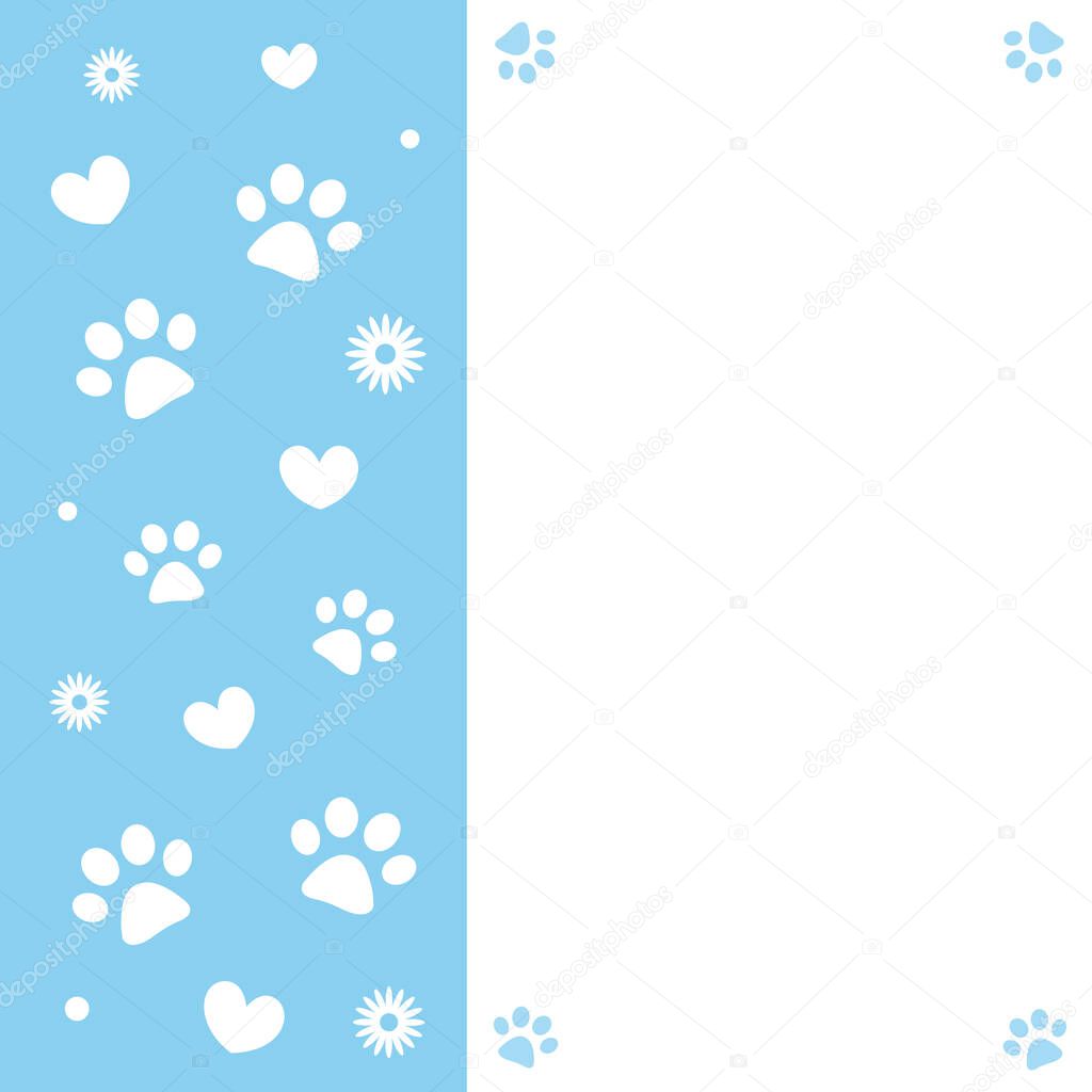 Paw prints and hearts on a blue background frame with empty space for your text.