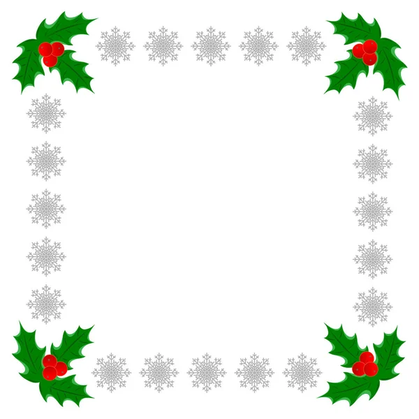 Kerstgroet Decoratieve Kaart Frame Template Met Holly Bladeren Zilveren Sneeuwvlokken — Stockvector