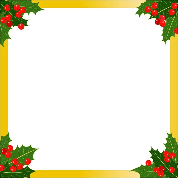 Kerst Gouden Frame Met Holly Bladeren Bessen — Stockvector