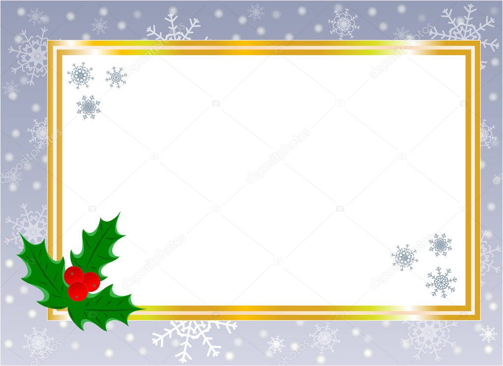 Golden shiny Christmas card border with Holly leaf on silver background with copy space for your text.