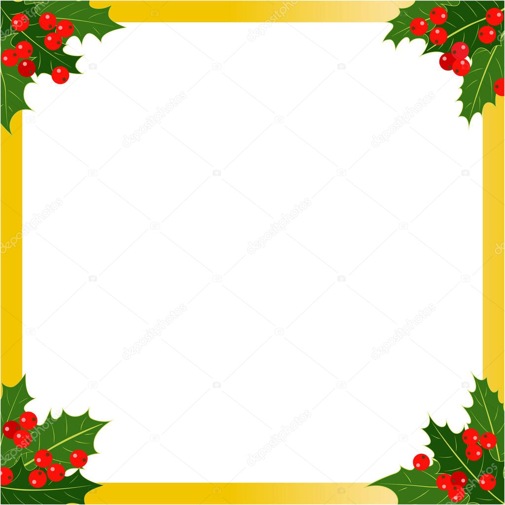 Christmas gold frame with Holly leaves and berries.