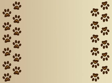 Bej arkaplan üzerinde köpek pençesi izi çerçeve metin ve tasarım için boş alan.