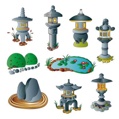 Japon bahçe fenerleri ve Japon bahçesinin diğer dekoratif eşyaları..