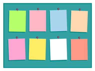 Colorful paper notes signs with pins on green background design template mockup.