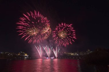 Siyah gökyüzüne karşı renkli havai fişekler
