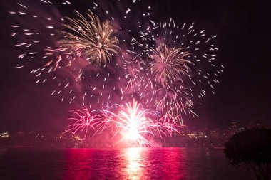 Siyah gökyüzüne karşı renkli havai fişekler