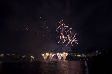 Siyah gökyüzüne karşı renkli havai fişekler