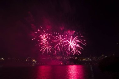 Siyah gökyüzüne karşı renkli havai fişekler
