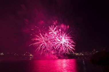 Siyah gökyüzüne karşı renkli havai fişekler
